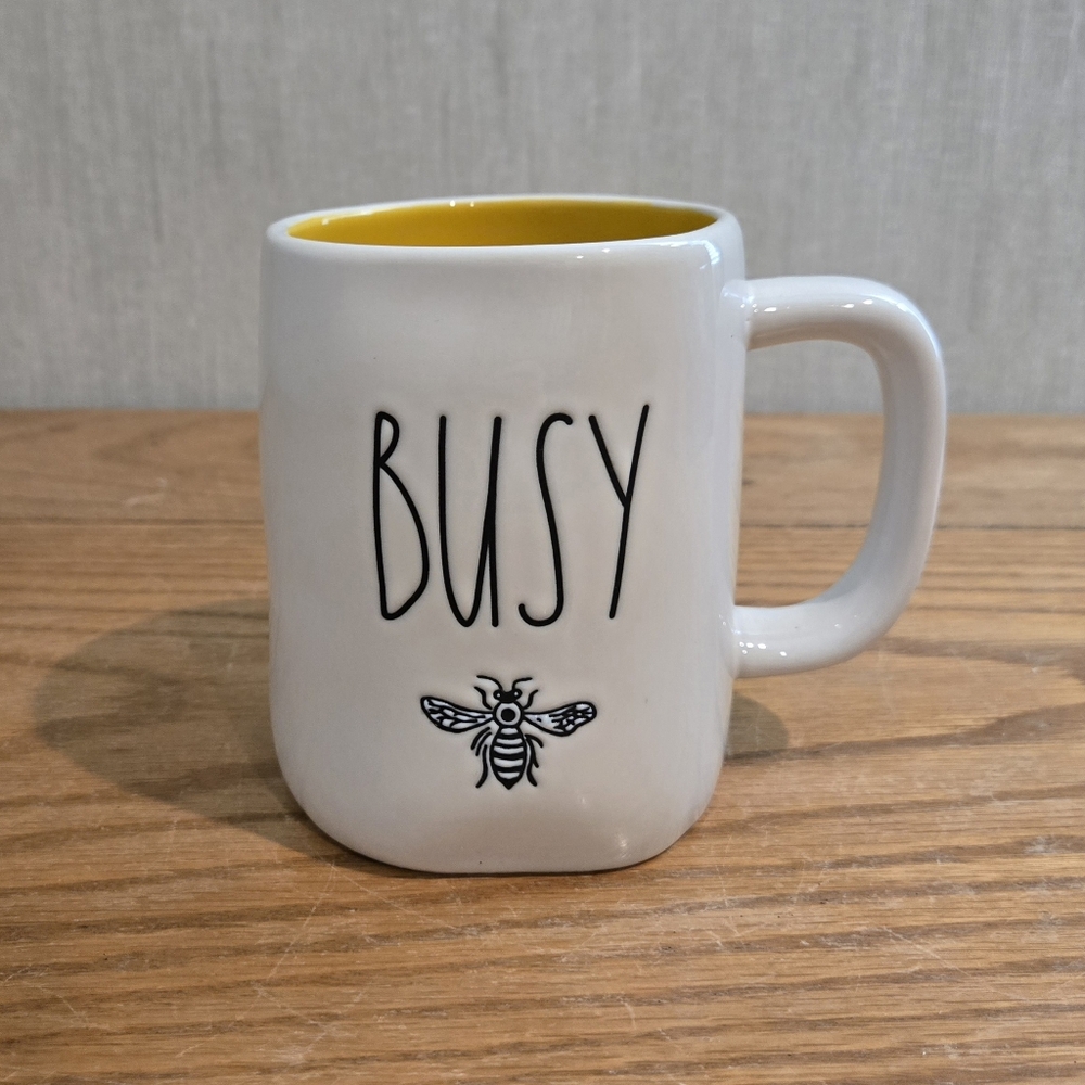 Rae Dunn White Mug with Yellow Interior "BUSY" Bee Design